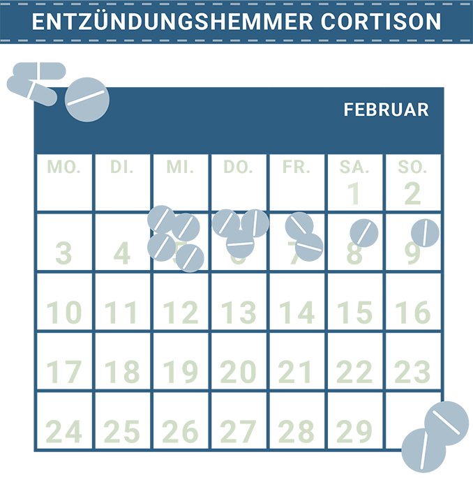 Infografik: Als Akuter Entzündungshemmer ist Cortison (Kortison) ein wichtiges Medikament gegen Gicht. Beim Gichtanfall wird es etwa 4 Tage lang genommen.